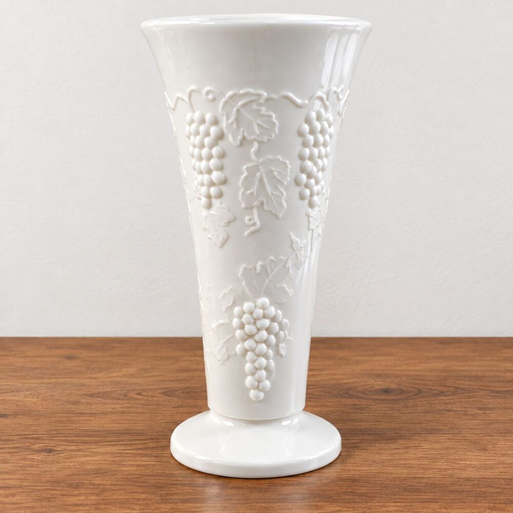 Vintage Indiana Glass Harvest Grape Milk Glass Footed Vase 9" White